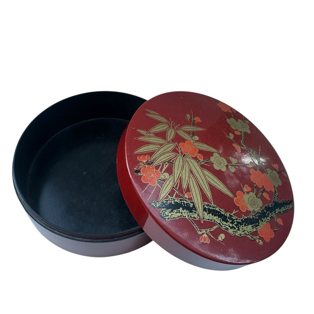 Vintage Red Lacquer Plastic Round PAINTED‎ FLORAL STASH Trinket BOX  w Lid Japan